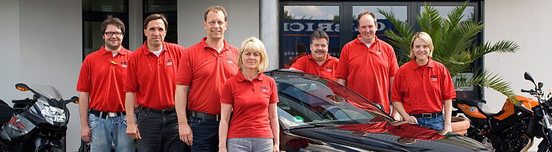 Angestellte von Lindenmeyer in roten Poloshirts um einen Audi versammelt